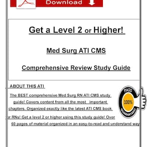 May include: A study guide with the text "Get a Level 2 or Higher!" and "Med Surg ATI CMS Comprehensive Review Study Guide." Includes a "100% Guaranteed" badge and a PDF download button.