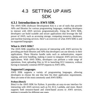 May include: A white page with the heading "4.3 SETTING UP AWS SDK". The text explains the AWS SDK, its introduction, and supported languages, including Python (Boto3). The text is presented in a clear, readable font.