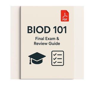 Könnte beinhalten: Ein cremefarbener Buchumschlag mit dem Titel "BIOD 101" in fetten, dunklen Buchstaben. Darunter steht "Final Exam & Review Guide". Symbole sind eine Abschlusskappe, eine Checkliste und ein PDF-Symbol.