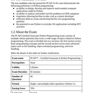 以下が含まれることがあります： PCAP-Certified Associate in Python Programming試験の詳細を記した、黒いテキストが記載された白いドキュメント。試験時間や合格点など、受験者のプロフィールと試験の詳細に関するセクションが含まれています。