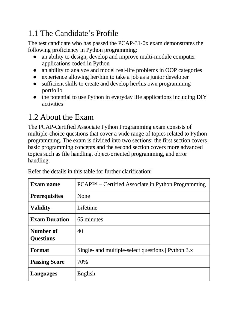 以下が含まれることがあります： PCAP-Certified Associate in Python Programming試験の詳細を記した、黒いテキストが記載された白いドキュメント。試験時間や合格点など、受験者のプロフィールと試験の詳細に関するセクションが含まれています。