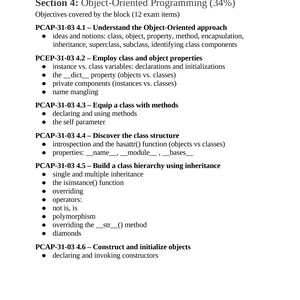 以下が含まれることがあります： オブジェクト指向プログラミングの概念を詳述した黒いテキストが記載された白いページ。テキストには、セクションタイトル、目的、クラス、メソッド、継承などのトピックの箇条書きリストが含まれています。