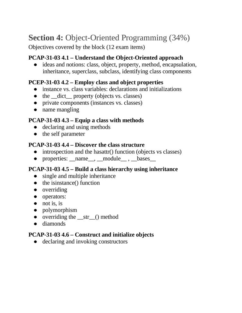 以下が含まれることがあります： オブジェクト指向プログラミングの概念を詳述した黒いテキストが記載された白いページ。テキストには、セクションタイトル、目的、クラス、メソッド、継承などのトピックの箇条書きリストが含まれています。