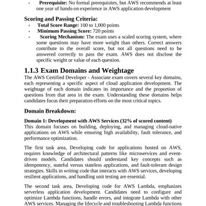 May include: A document detailing the AWS Certified Developer - Associate exam. The text covers testing options, scoring criteria, and exam domains, including development with AWS services. The document is white with black text.