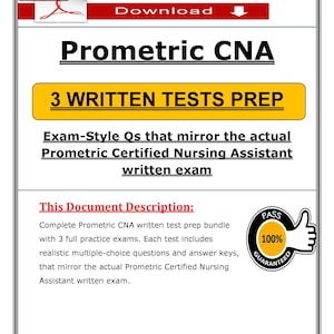 Può includere: Un documento digitale intitolato "Prometric CNA" con il testo "3 WRITTEN TESTS PREP". Il documento promette domande in stile esame che rispecchiano l'esame scritto CNA. Include un badge "100% Garantito".