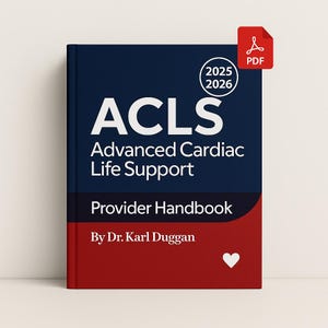 Peut inclure: Un livre intitulé "ACLS Advanced Cardiac Life Support Provider Handbook" par le Dr. Karl Duggan. La couverture est divisée en sections bleu marine et rouge, avec du texte blanc et une icône PDF.