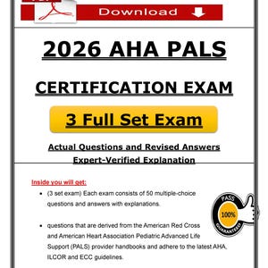 Puede incluir: Documento blanco con texto rojo y negro, titulado "2026 AHA PALS CERTIFICATION EXAM". Incluye "3 Full Set Exam" y detalles sobre el contenido del examen, con un sello "100% Garantizado".