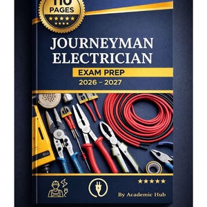 Può includere: Copertina di un libro blu navy per "Journeyman Electrician Exam Prep 2026-2027" con 110 pagine. Il design presenta dettagli dorati e strumenti elettrici. Il testo "By Academic Hub" è in basso.