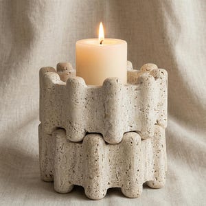 Op de afbeelding: Een beige kandelaar met een gestructureerd, gestapeld ontwerp, met een brandende, ivoorkleurige pilaar kaars. De kandelaar heeft een unieke, architecturale vorm, ideaal voor interieurdecoratie.