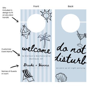 May include: A light blue door hanger with a beach theme. The front says "welcome" and "Brooke + Hanna" with beach-related illustrations. The back says "do not disturb" with a cocktail illustration.