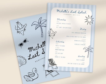 May include: Two light blue itinerary cards with a beach theme. One card features the text "Michelle's Last Splash" and hand-drawn illustrations of a bikini, sunglasses, a seashell, a swan, and a palm tree. The other card lists a weekend itinerary.