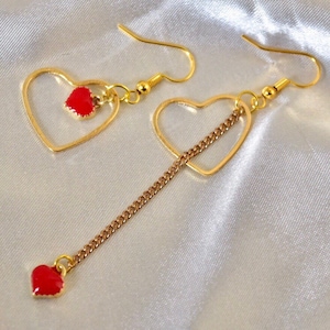 Handmade Heart Dangle Earrings: Golden & Red Charms