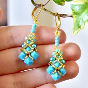 Swarovski Turquoise Beaded Dangle Earrings: Handwoven Crystal Jewelry
