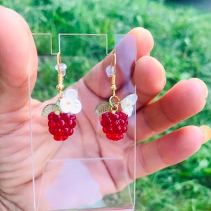 Handmade Raspberry Dangle Earrings: Acrylic Berry with Flower