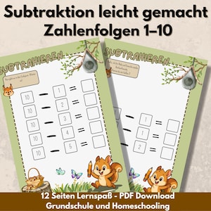 Hoja de ejercicios de resta del 1 al 10, matemáticas, 1.er grado. Aprende restas con Nala. Descarga PDF con clave de respuestas y página para colorear gratis.