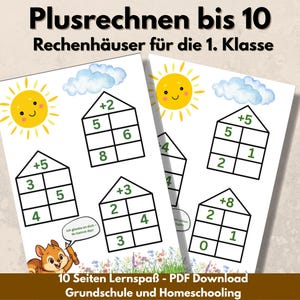 Rechenhaus Plus bis 10 Nalas Zahlenzauber Mathe Arbeitsblatt Grundschule PDF Download mit Lösungsblatt und gratis Ausmalbild