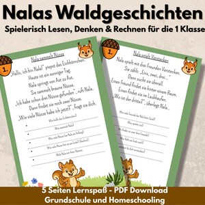 Hoja de trabajo de lectura, aritmética y pensamiento de los cuentos del bosque de Nala para primer grado (PDF) con página para colorear gratuita Material de aprendizaje digital