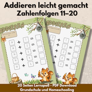 Suma de la secuencia numérica 11-20: Aprender problemas de suma - Hoja de trabajo de matemáticas para primer grado (descarga en PDF con clave de respuestas y página para colorear gratis).