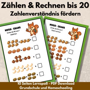 Nalas Nuss-Chaos Zählen, Plus & Minus lernen Mathe Arbeitsblatt 1. Klasse PDF Download mit Lösungsblatt und gratis Ausmalbild