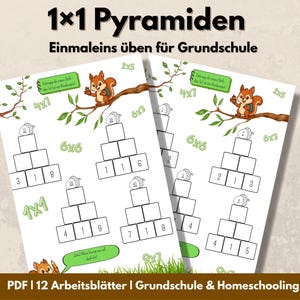 May include: Two worksheets for practicing multiplication, featuring pyramid-shaped math problems. The worksheets have a white background with green accents and illustrations of squirrels and acorns. The text "1x1 Pyramiden" and "Einmaleins üben für Grundschule" are at the top.
