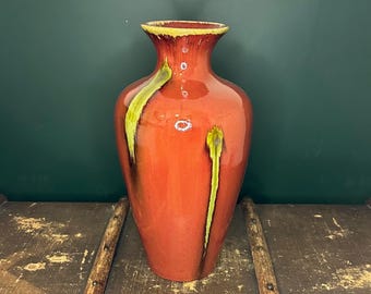 Large Handmade Oxblood Red Ceramic Vase | Unique Vertical Drip Glaze Textured Statement Piece