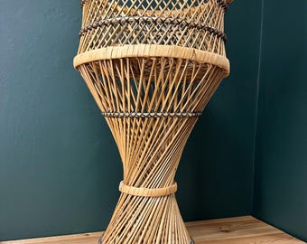 Vintage Boho Wicker Plant Stand | Hourglass Rattan Pedestal | Mid Century Modern