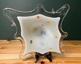 Mid Century Art Glass Bowl | Lattimo Millefiori | Starburst Scalloped Edge