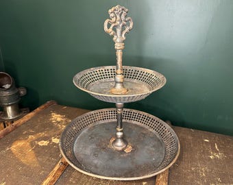Industrial Vintage 2-Tier Metal Serving Stand | Perforated Rustic Tiered Tray | Ornate Finial Buffet Display