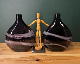 Amethyst Art Glass Vase Pair, Modernist Swirl Decor