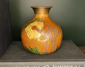 Vintage Cloisonné Brass Bud Vase | Art Nouveau Style Floral Motif | Enamelled Autumnal Flower Vase