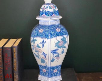 Octagonal Porcelain Ginger Jar | Chinoiserie Lidded Vase | Blue White Pink Floral Bird