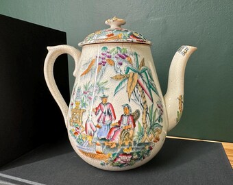 Antique 1830s Staffordshire Teapot | Chinoiserie Mandarin Throne Scene | Polychrome