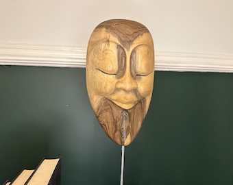 Hand Carved Wood Mask on Stand | Meditative Sculpture