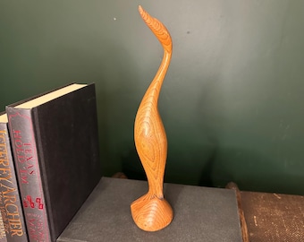 Signed Mid Century Modern Carved Wooden Swan | 1971 Vintage Minimalist Bird Sculpture