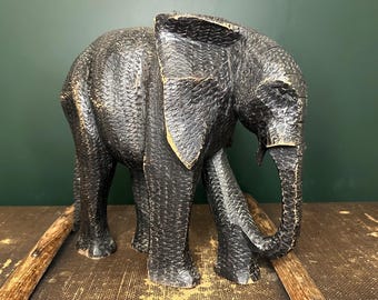 Substantial Vintage Wood Elephant Statue | Hand Carved Texture African Art | Large Hardwood Sculpture