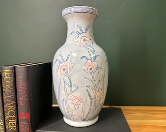 Chinese Style Porcelain Baluster Vase | Blue Famille Rose Floral | Greek Key Border