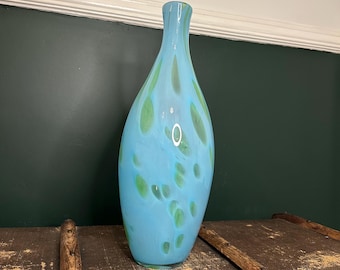Handcrafted Blue Art Glass Vase | Lime Green Splatter, Bottle Sculpture