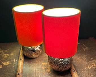Mid Century Style Gold Table Lamps | Orange Drum Shade, Dimpled Texture