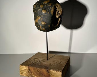 Brutalist Stone Sculpture | Abstract Mineral Art, Reclaimed Wood Base