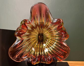 Vintage 1960s Glass Bowl | Orange & Yellow Sunset | Starburst Ruffled Rim