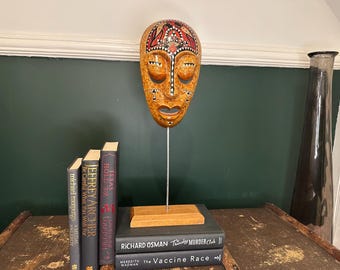 Carved Wooden Mask | Hand Painted Geometric Folk Art | Mounted Sculpture on Stand