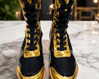 Zapatillas de boxeo doradas, botas de lucha libre de caña alta, zapatillas deportivas negras metalizadas para gimnasio / calzado deportivo personalizado