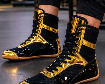 Gold Boxschuhe High Top Wrestling Boots Metallic Schwarz Gym Sneakers | Benutzerdefinierte Sportschuhe