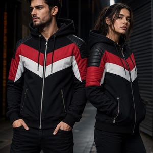 Unisex Moto Leather Patch Zip Up Hoodie | Black Red Chevron Streetwear