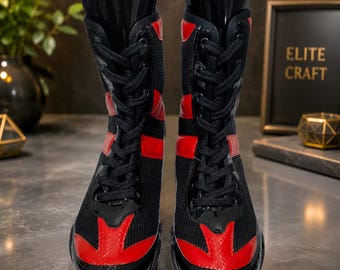 Black Red Boxing Shoes Men | High Top Wrestling Boots | Lightweight Boxing Footwear | Professional Ring Training Shoes | Combat Sports Sneak