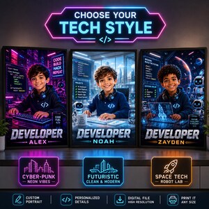 K&ouml;nnte beinhalten: Drei gerahmte Poster mit dem Titel CHOOSE YOUR TECH STYLE, die Kinder als Entwickler zeigen. Jedes Poster zeigt ein Kind mit Kopfh&ouml;rern, Code-Schnipseln und Robotern. Die Themen sind CYBER-PUNK NEON VIBES, FUTURISTIC CLEAN & MODERN und SPACE TECH ROBOT LAB.
