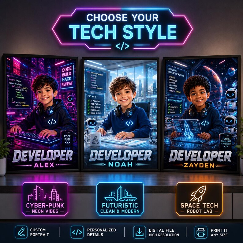 K&ouml;nnte beinhalten: Drei gerahmte Poster mit dem Titel CHOOSE YOUR TECH STYLE, die Kinder als Entwickler zeigen. Jedes Poster zeigt ein Kind mit Kopfh&ouml;rern, Code-Schnipseln und Robotern. Die Themen sind CYBER-PUNK NEON VIBES, FUTURISTIC CLEAN & MODERN und SPACE TECH ROBOT LAB.