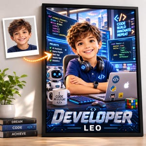 Custom Software Developer Poster, Personalized Future Programmer Wall Art, Young Coding Genius Portrait, Digital Download Gift