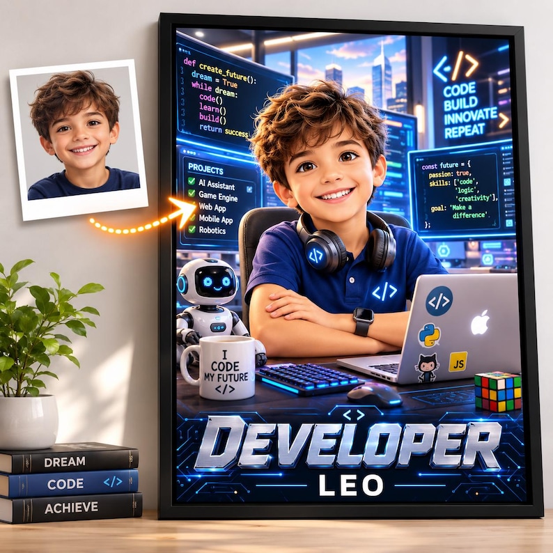 K&ouml;nnte beinhalten: Ein gerahmter digitaler Kunstdruck mit einem l&auml;chelnden Kind mit Kopfh&ouml;rern, das an einem Schreibtisch mit Laptop, einem kleinen Roboter und einer Tasse mit der Aufschrift I CODE MY FUTURE sitzt. Unten steht DEVELOPER LEO mit Code-Elementen.