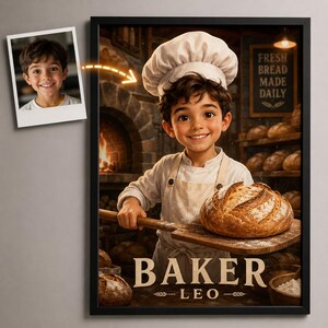 Peut inclure: Un portrait encadré montrant un enfant portant une toque et un tablier de chef, tenant une pelle en bois avec un pain. Le texte "BAKER LEO" est imprimé en bas. Une petite photo du même enfant est visible dans le coin supérieur gauche.